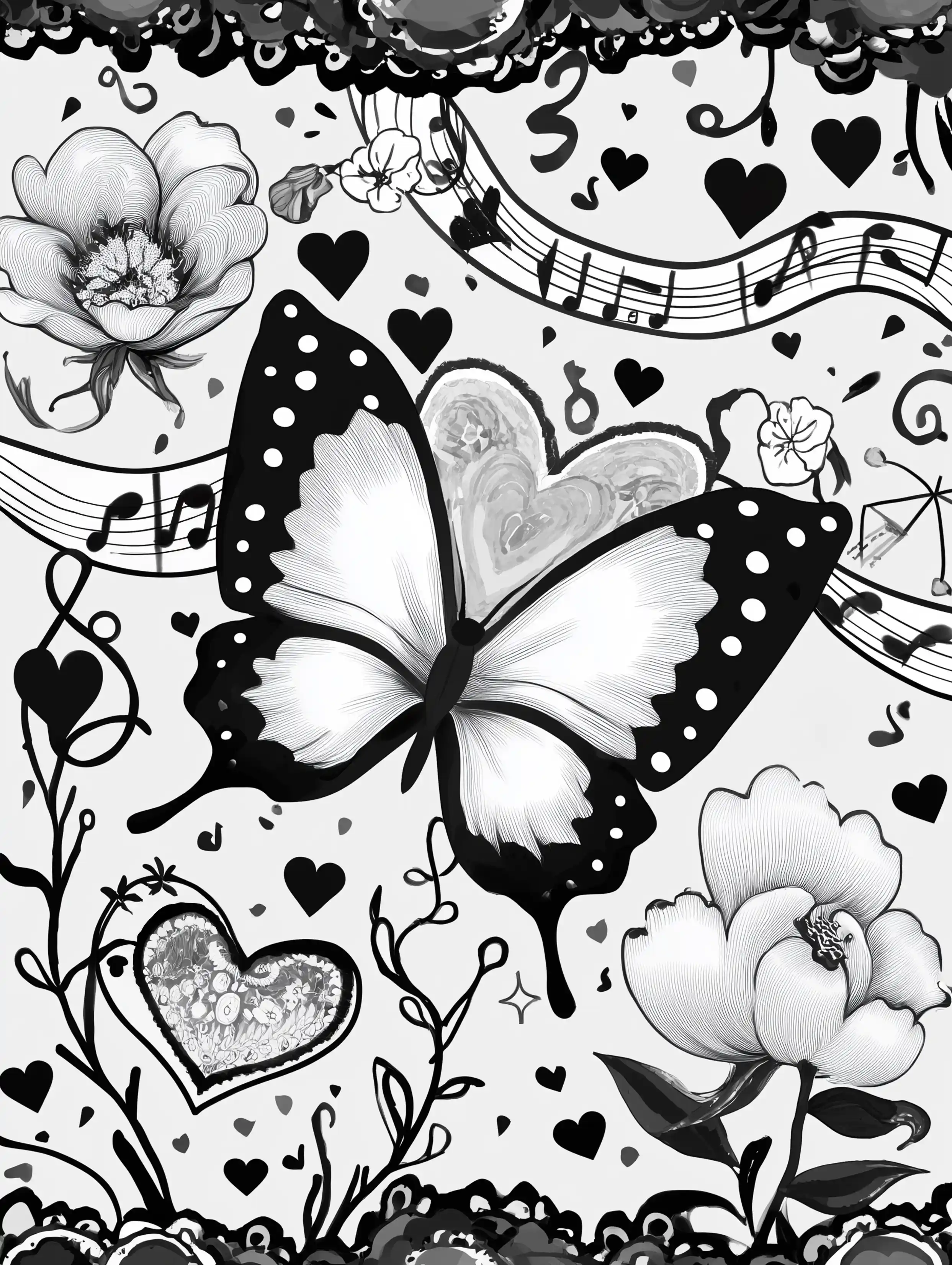 Free printable butterfly coloring page for adults featuring a musical butterfly theme